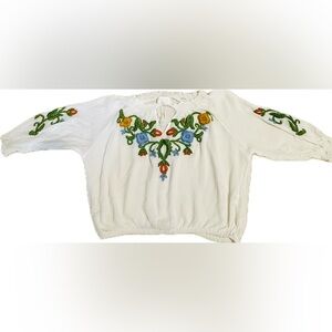 PIPER White Embroidered Peasant Blouse XS | Boho Folk Tassel Top